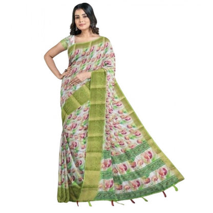 Generic Women's Cotton Blend Floral Printed Saree With Unstitched Blouse 5.5Mtr (Green-White)