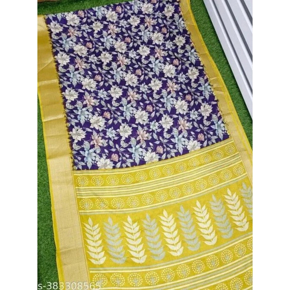 Generic Women's Cotton Blend Floral Printed Saree With Unstitched Blouse 5.5Mtr (Purple)