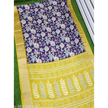 Generic Women's Cotton Blend Floral Printed Saree With Unstitched Blouse 5.5Mtr (Purple)