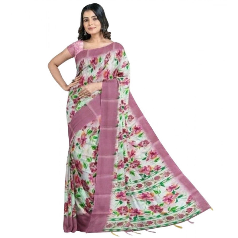 Generic Women's Cotton Blend Floral Printed Saree With Unstitched Blouse 5.5Mtr (Pink)