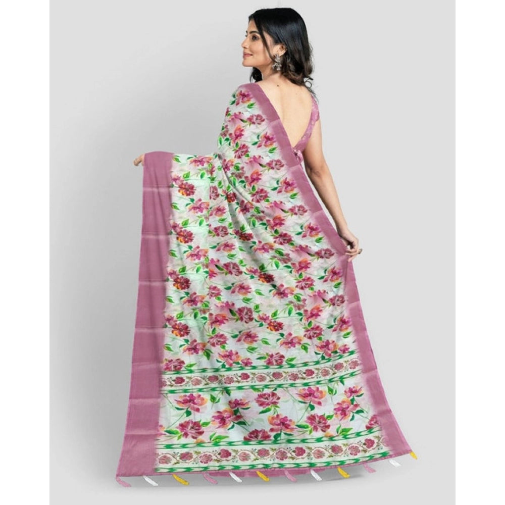 Generic Women's Cotton Blend Floral Printed Saree With Unstitched Blouse 5.5Mtr (Pink)
