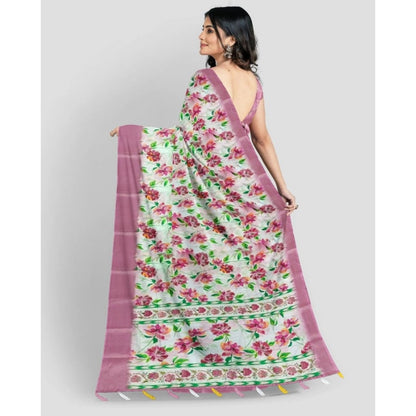 Generic Women's Cotton Blend Floral Printed Saree With Unstitched Blouse 5.5Mtr (Pink)