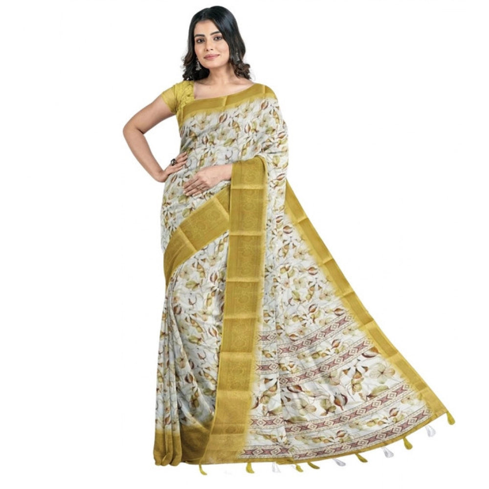 Generic Women's Cotton Blend Floral Printed Saree With Unstitched Blouse 5.5Mtr (Mustard)