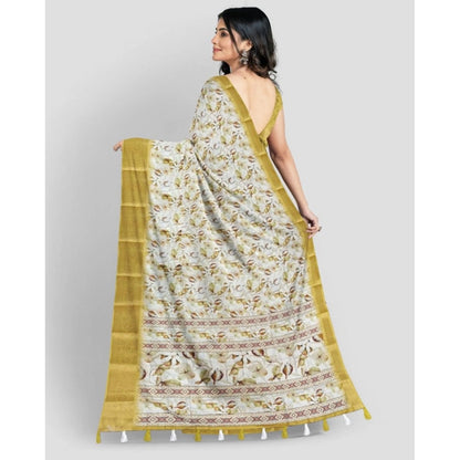 Generic Women's Cotton Blend Floral Printed Saree With Unstitched Blouse 5.5Mtr (Mustard)