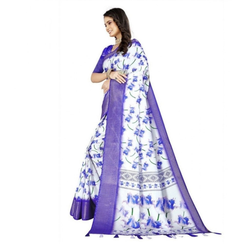 Generic Women's Cotton Silk Floral Printed Saree With Unstitched Blouse 5.5Mtr (Blue)