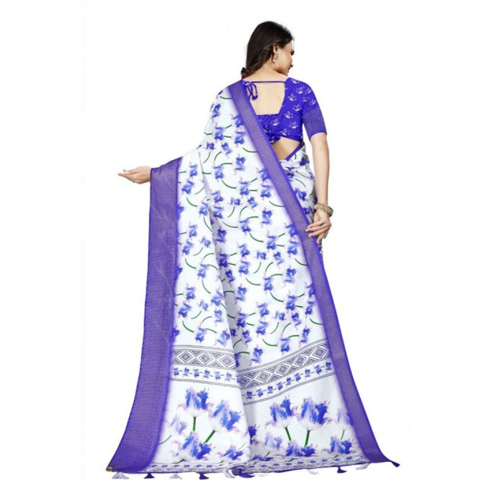 Generic Women's Cotton Silk Floral Printed Saree With Unstitched Blouse 5.5Mtr (Blue)