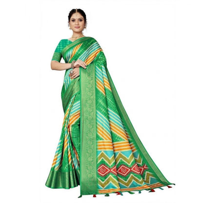 Generic Women's Cotton Silk Striped  Saree With Unstitched Blouse 5.5Mtr (Green)
