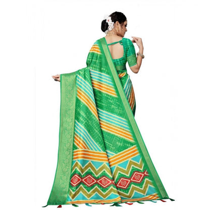 Generic Women's Cotton Silk Striped  Saree With Unstitched Blouse 5.5Mtr (Green)