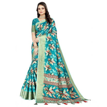 Generic Women's Cotton Silk Floral Printed Saree With Unstitched Blouse 5.5Mtr (Turquoise)