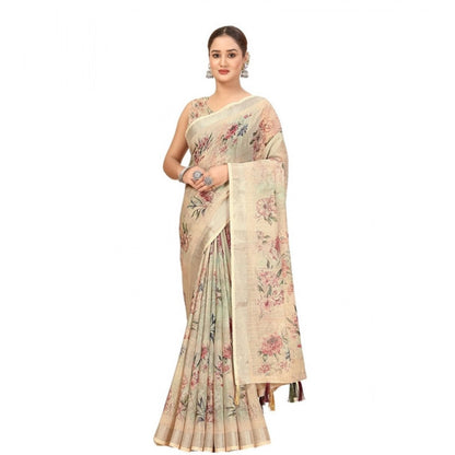 Generic Women's Cotton Silk Floral Printed Saree With Unstitched Blouse 5.5Mtr (Cream)