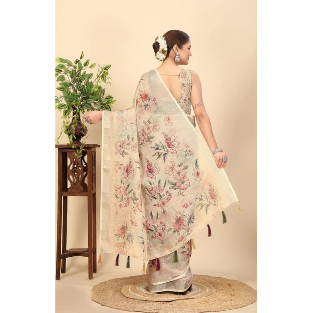 Generic Women's Cotton Silk Floral Printed Saree With Unstitched Blouse 5.5Mtr (Cream)