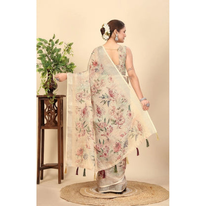Generic Women's Cotton Silk Floral Printed Saree With Unstitched Blouse 5.5Mtr (Cream)