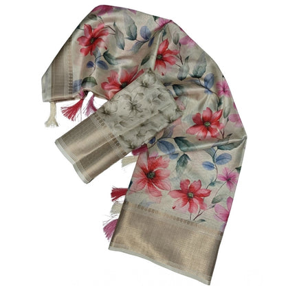 Generic Women's Cotton Silk Floral Printed Saree With Unstitched Blouse 5.5Mtr (Beige)