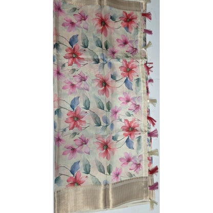 Generic Women's Cotton Silk Floral Printed Saree With Unstitched Blouse 5.5Mtr (Beige)
