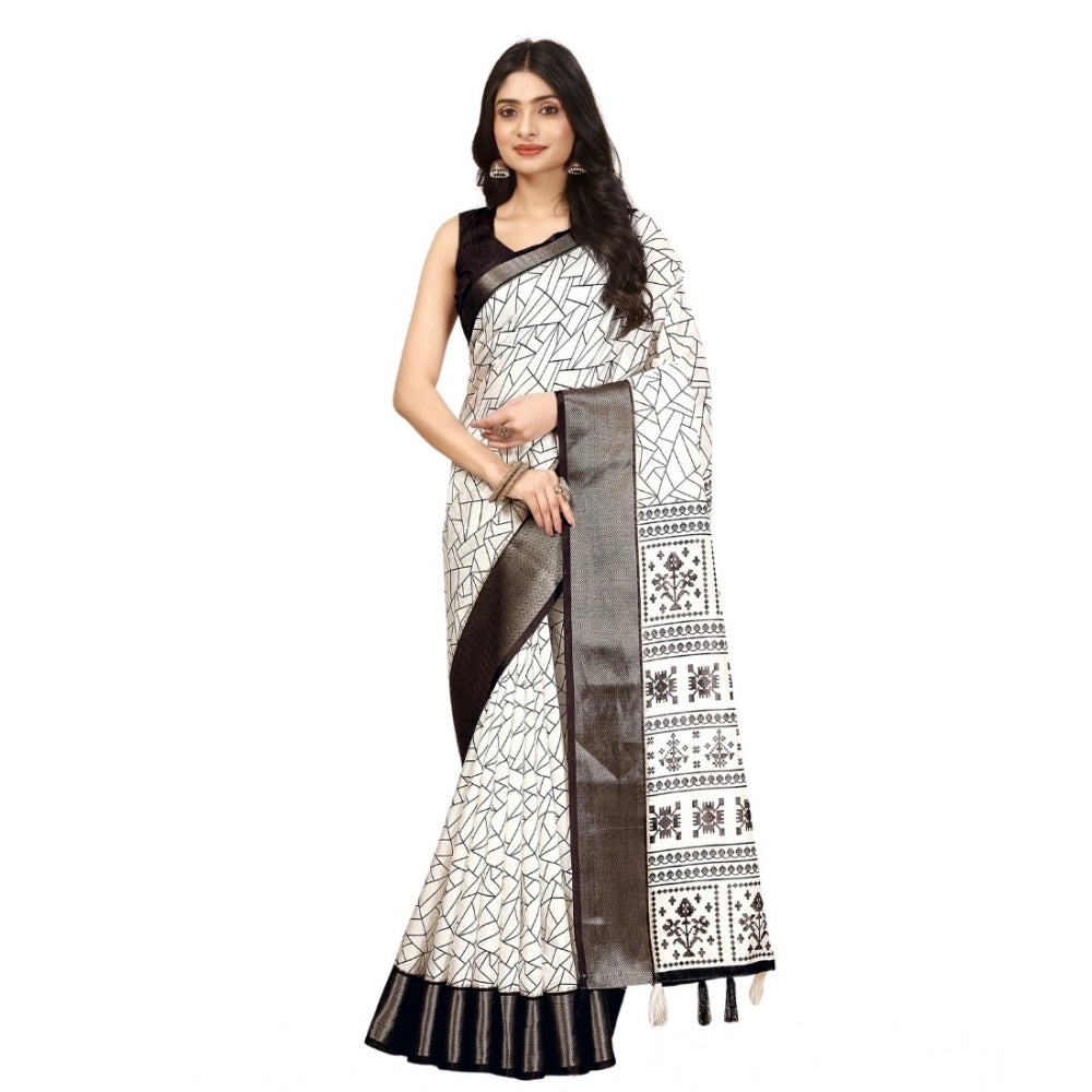 Generic Women's Cotton Silk Printed Saree With Unstitched Blouse 5.5Mtr (White-Black)