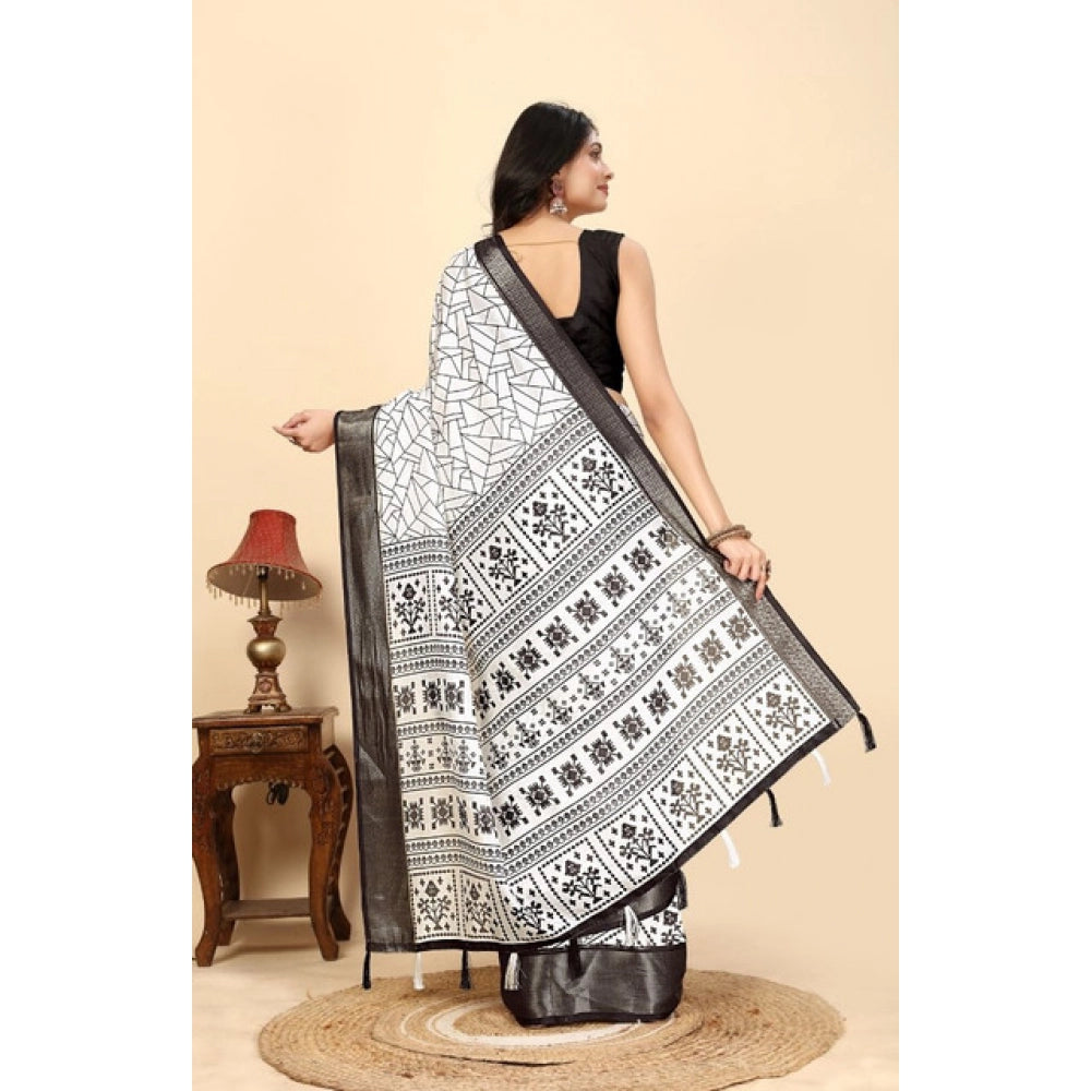 Generic Women's Cotton Silk Printed Saree With Unstitched Blouse 5.5Mtr (White-Black)