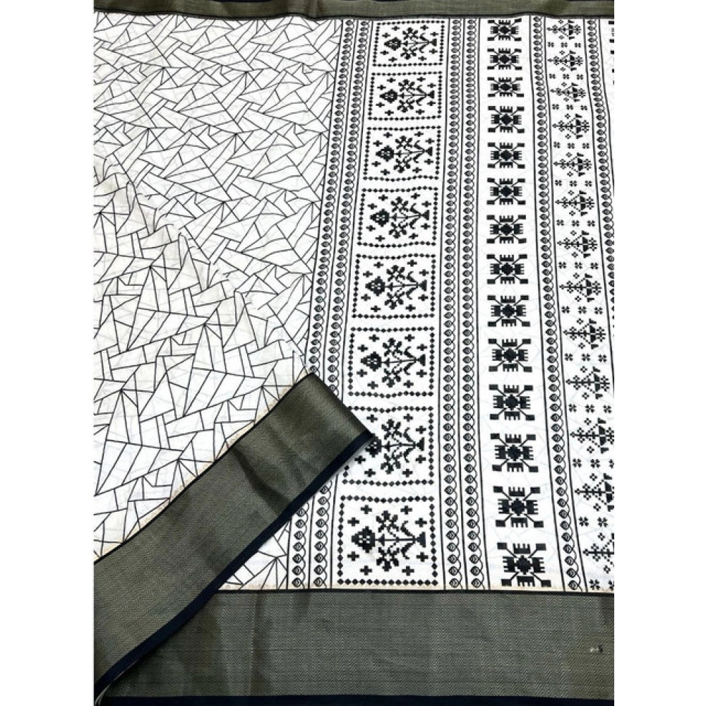 Generic Women's Cotton Silk Printed Saree With Unstitched Blouse 5.5Mtr (White-Black)