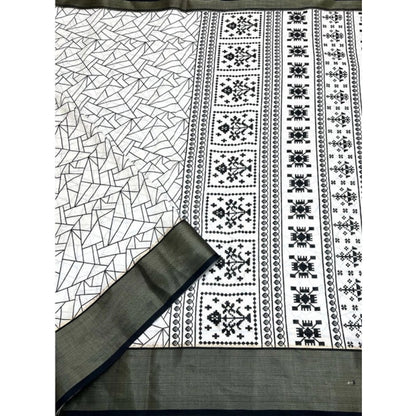 Generic Women's Cotton Silk Printed Saree With Unstitched Blouse 5.5Mtr (White-Black)