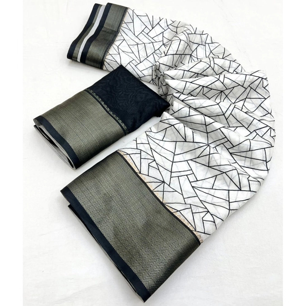 Generic Women's Cotton Silk Printed Saree With Unstitched Blouse 5.5Mtr (White-Black)