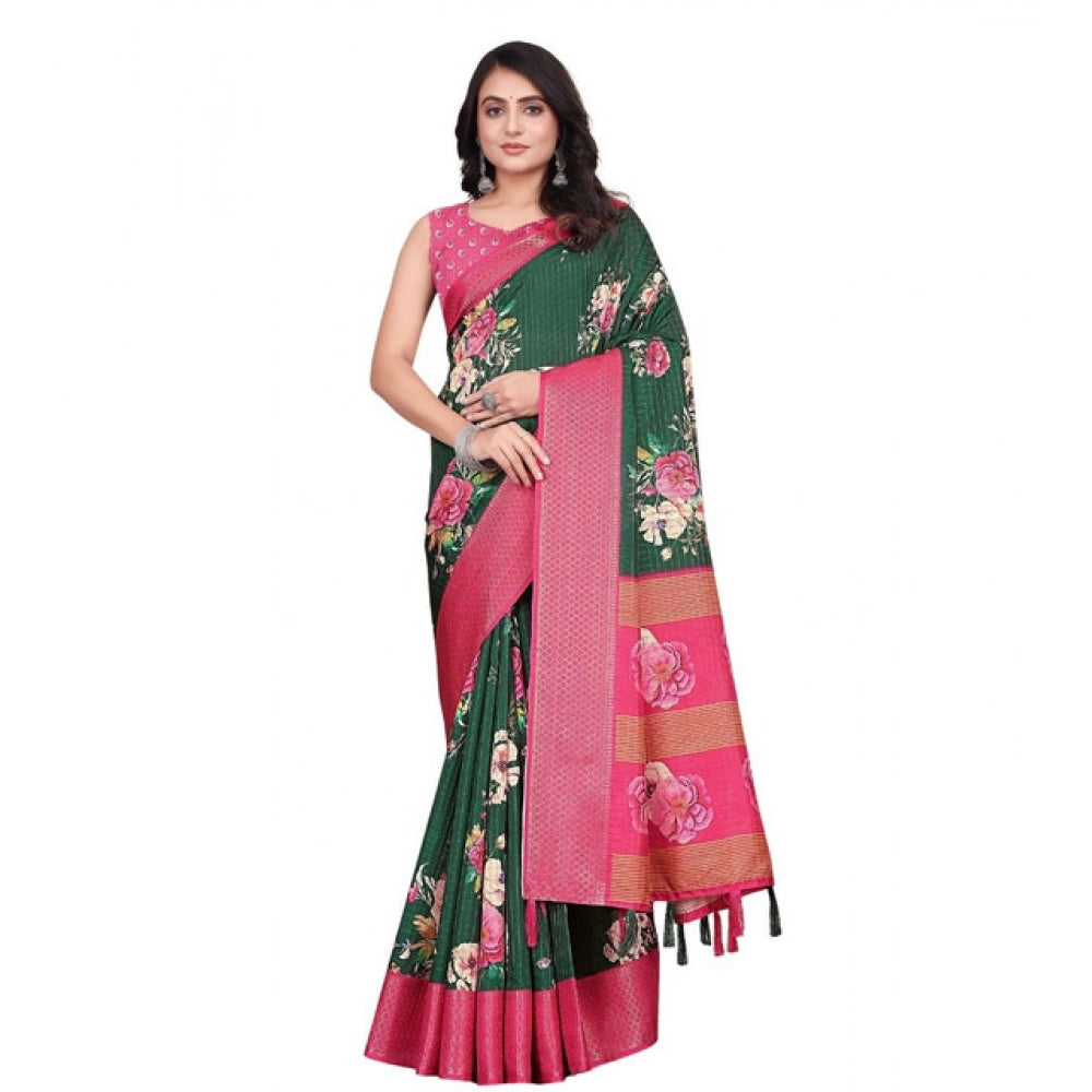 Generic Women's Cotton Blend Floral Printed Saree With Unstitched Blouse 5.5Mtr (Green)