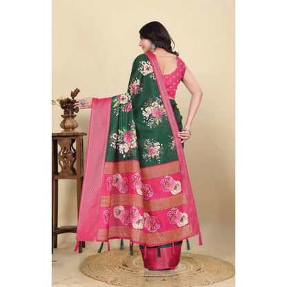 Generic Women's Cotton Blend Floral Printed Saree With Unstitched Blouse 5.5Mtr (Green)
