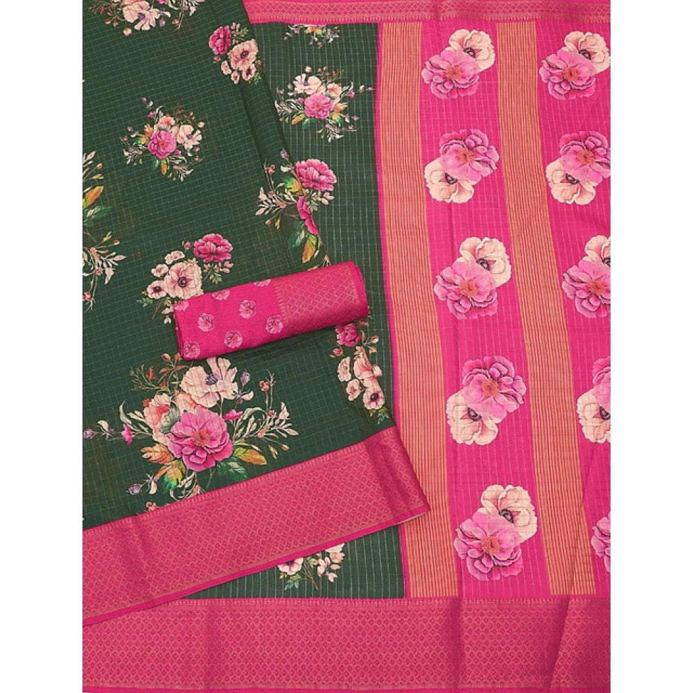 Generic Women's Cotton Blend Floral Printed Saree With Unstitched Blouse 5.5Mtr (Green)