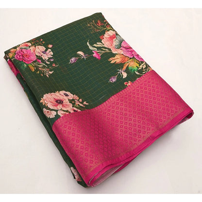 Generic Women's Cotton Blend Floral Printed Saree With Unstitched Blouse 5.5Mtr (Green)