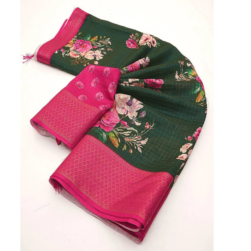 Generic Women's Cotton Blend Floral Printed Saree With Unstitched Blouse 5.5Mtr (Green)