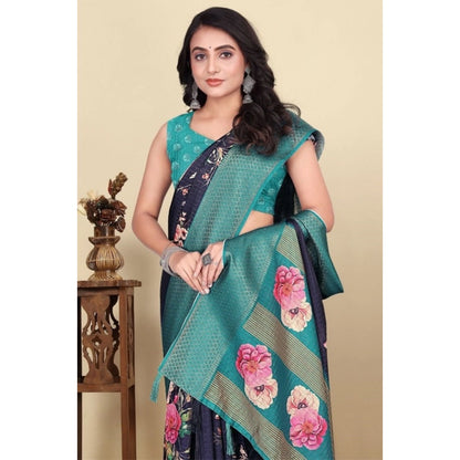 Generic Women's Cotton Blend Floral Printed Saree With Unstitched Blouse 5.5Mtr (Navy Blue)
