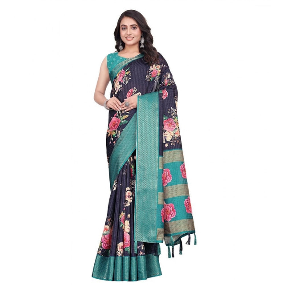 Generic Women's Cotton Blend Floral Printed Saree With Unstitched Blouse 5.5Mtr (Navy Blue)