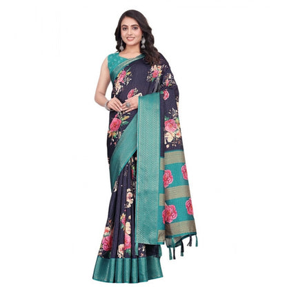 Generic Women's Cotton Blend Floral Printed Saree With Unstitched Blouse 5.5Mtr (Navy Blue)