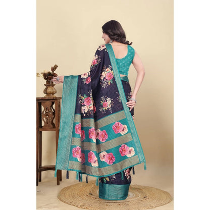 Generic Women's Cotton Blend Floral Printed Saree With Unstitched Blouse 5.5Mtr (Navy Blue)