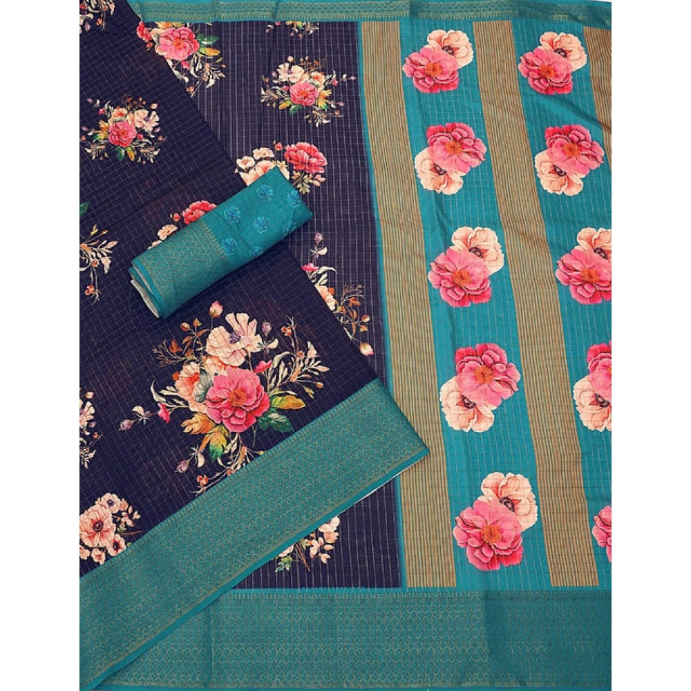 Generic Women's Cotton Blend Floral Printed Saree With Unstitched Blouse 5.5Mtr (Navy Blue)