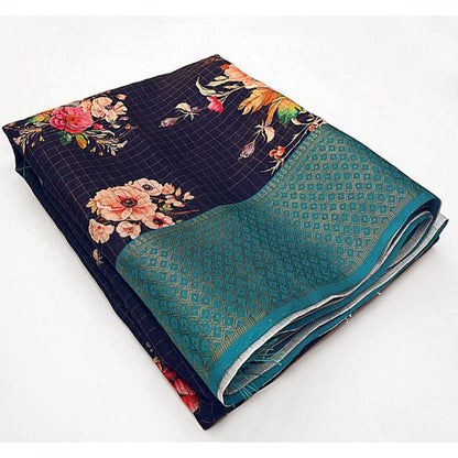 Generic Women's Cotton Blend Floral Printed Saree With Unstitched Blouse 5.5Mtr (Navy Blue)