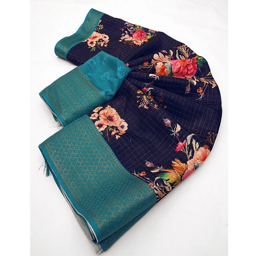 Generic Women's Cotton Blend Floral Printed Saree With Unstitched Blouse 5.5Mtr (Navy Blue)