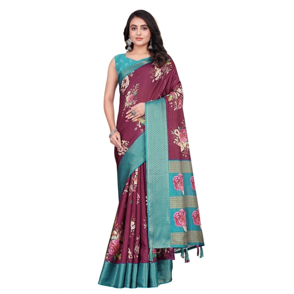 Generic Women's Cotton Blend Floral Printed Saree With Unstitched Blouse 5.5Mtr (Maroon)