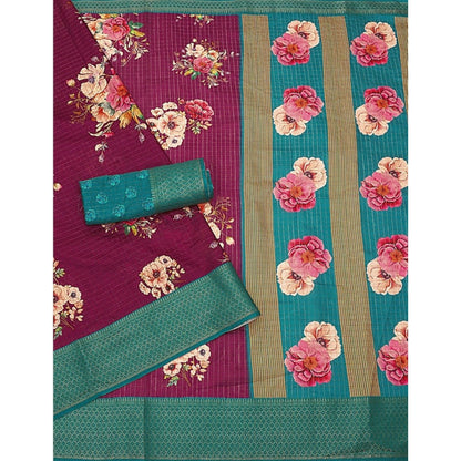 Generic Women's Cotton Blend Floral Printed Saree With Unstitched Blouse 5.5Mtr (Maroon)