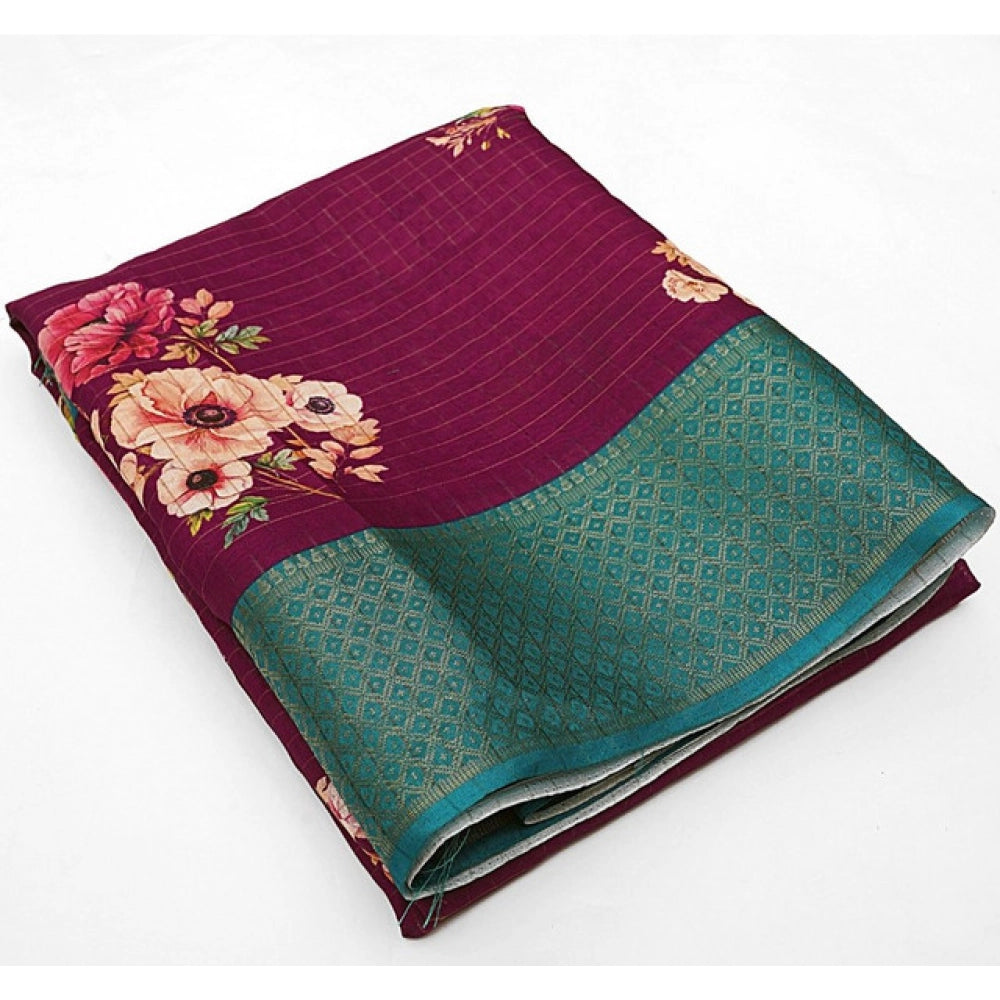 Generic Women's Cotton Blend Floral Printed Saree With Unstitched Blouse 5.5Mtr (Maroon)