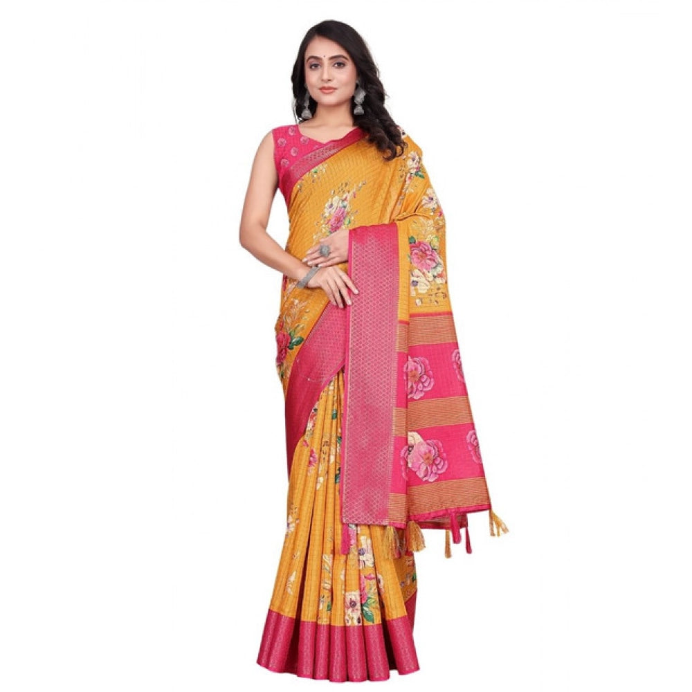 Generic Women's Cotton Blend Floral Printed Saree With Unstitched Blouse 5.5Mtr (Yellow)