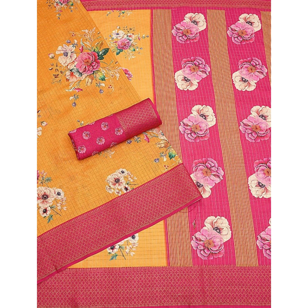 Generic Women's Cotton Blend Floral Printed Saree With Unstitched Blouse 5.5Mtr (Yellow)