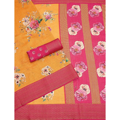 Generic Women's Cotton Blend Floral Printed Saree With Unstitched Blouse 5.5Mtr (Yellow)