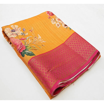 Generic Women's Cotton Blend Floral Printed Saree With Unstitched Blouse 5.5Mtr (Yellow)