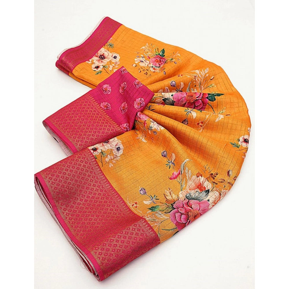 Generic Women's Cotton Blend Floral Printed Saree With Unstitched Blouse 5.5Mtr (Yellow)