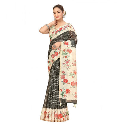 Generic Women's Chanderi Floral Printed Saree With Unstitched Blouse 5.5Mtr (Black)