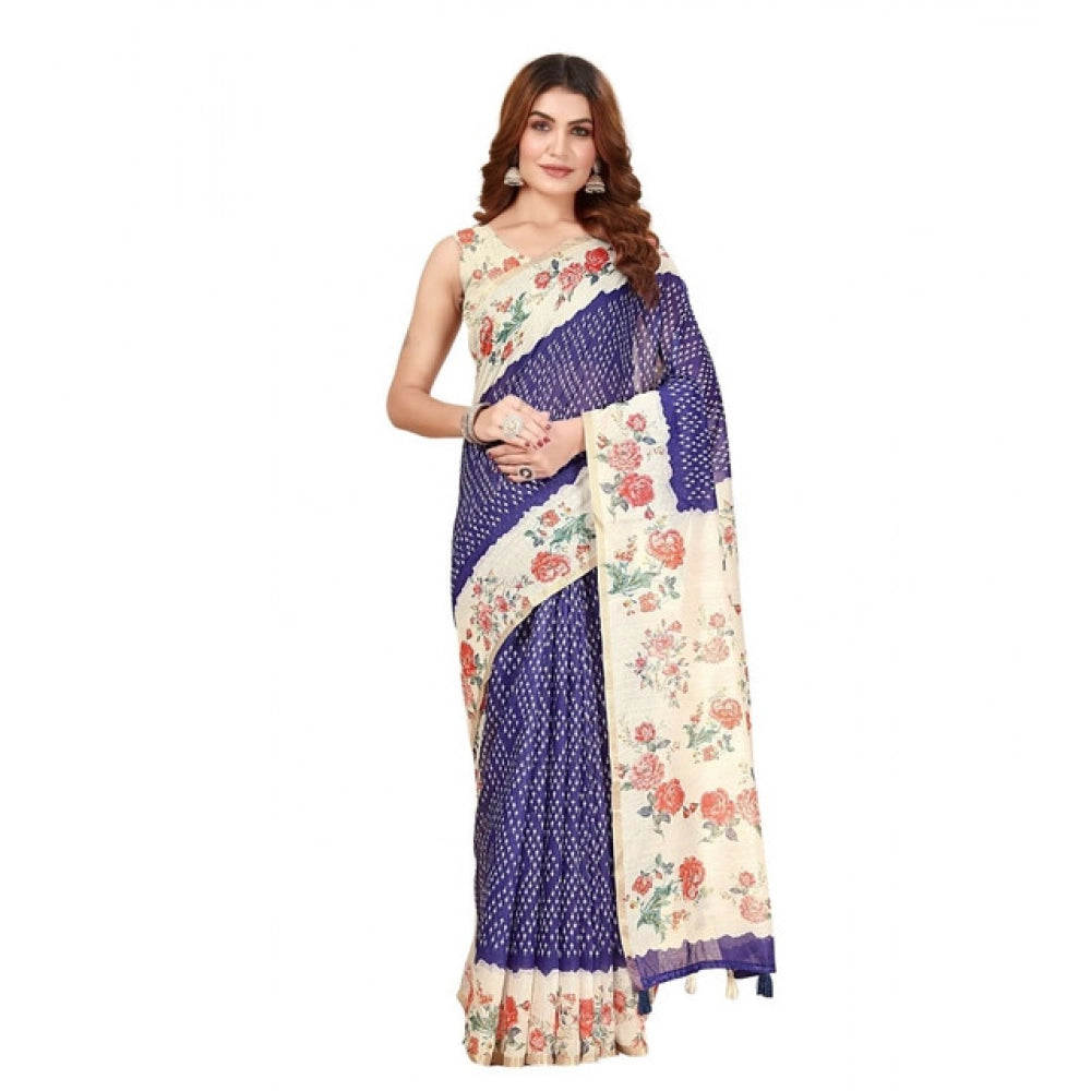 Generic Women's Cotton Silk Floral Printed Saree With Unstitched Blouse 5.5Mtr (Blue)