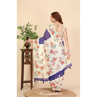 Generic Women's Cotton Silk Floral Printed Saree With Unstitched Blouse 5.5Mtr (Blue)
