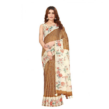 Generic Women's Cotton Silk Floral Printed Saree With Unstitched Blouse 5.5Mtr (Brown)