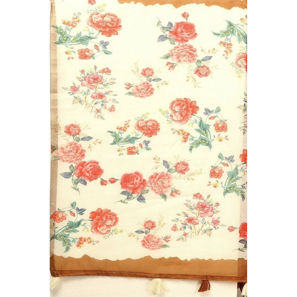 Generic Women's Cotton Silk Floral Printed Saree With Unstitched Blouse 5.5Mtr (Brown)