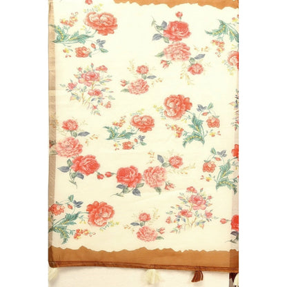 Generic Women's Cotton Silk Floral Printed Saree With Unstitched Blouse 5.5Mtr (Brown)