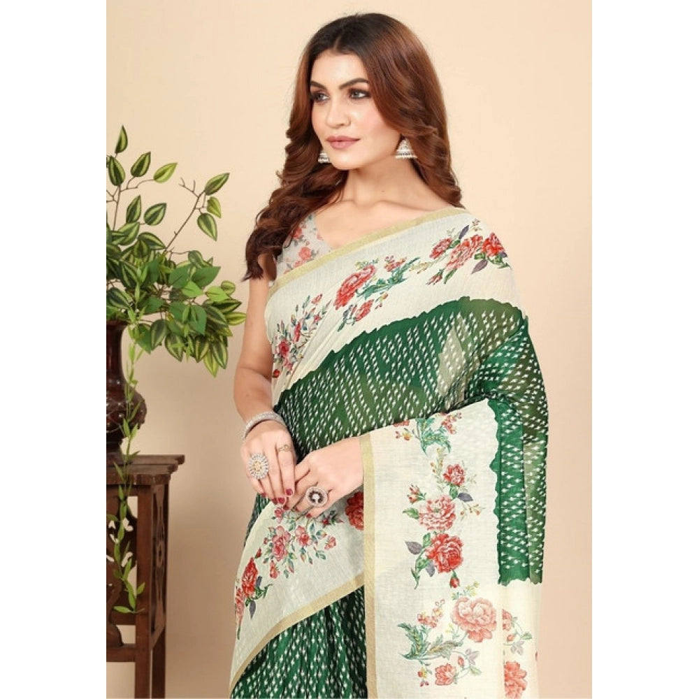 Generic Women's Chanderi Floral Printed Saree With Unstitched Blouse 5.5Mtr (Green)